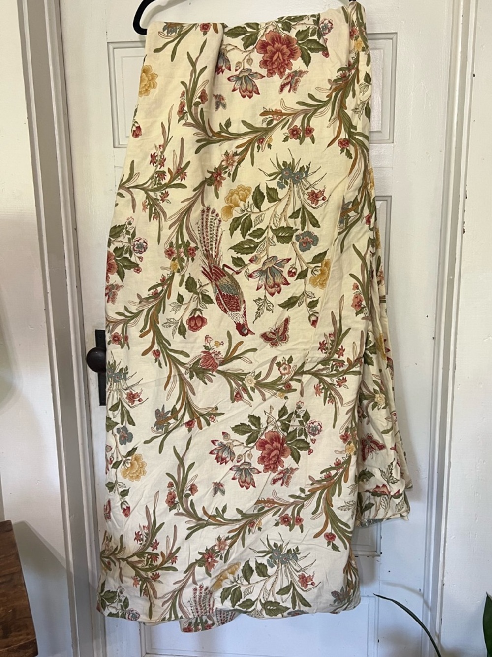 Pottery Barn Jacobean Bird Floral Duvet Queen Full Green Ivory Red and 2 Shams